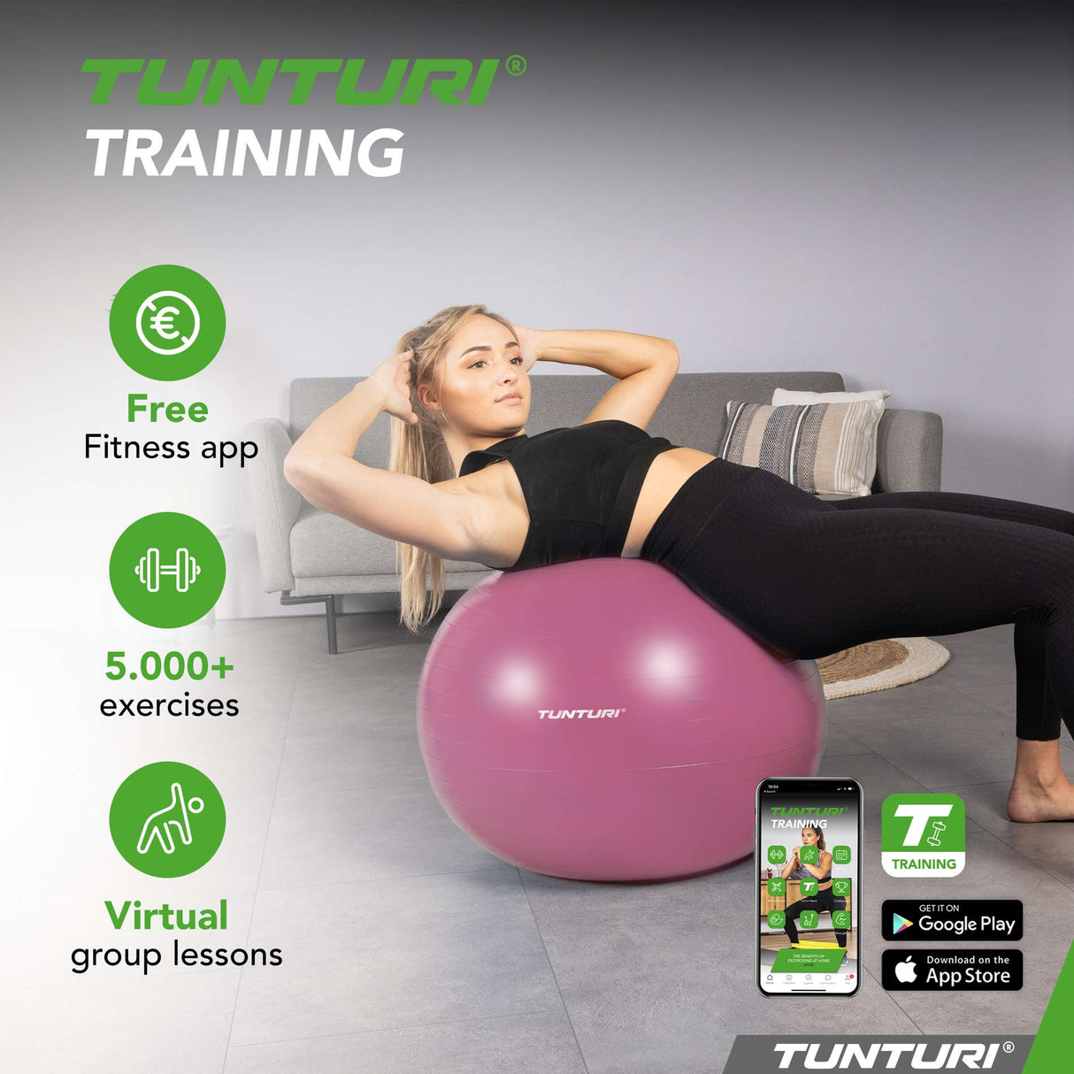 Träningsboll TUNTURI Gymball 75cm Anti Burst, lila