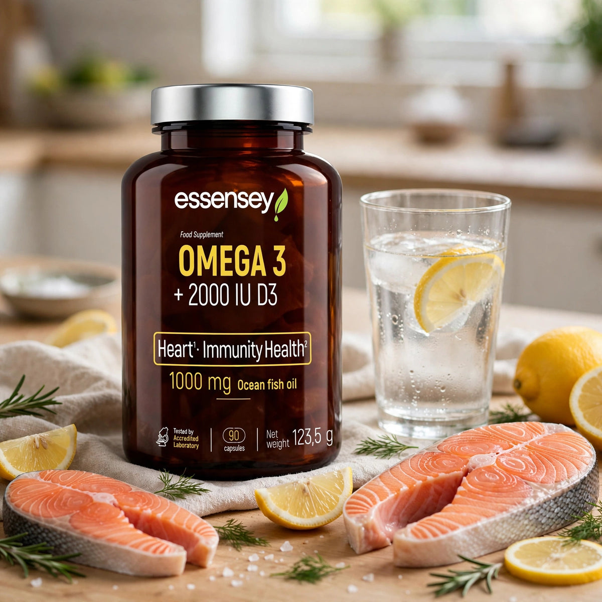 Rasvahappo TREC ESSENSEY OMEGA 3 + 2000 IE D3 90 kapselia