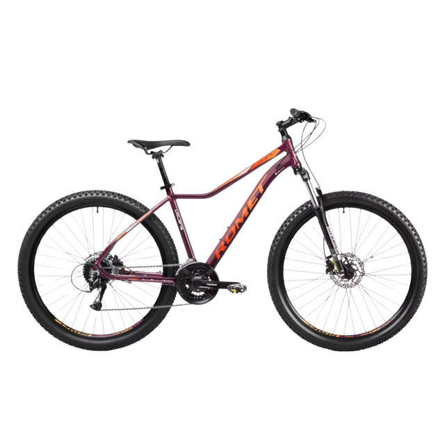 Mörkröd och orange ROMET Jolene 7.2 damcykel 27,5 tum i sidovy