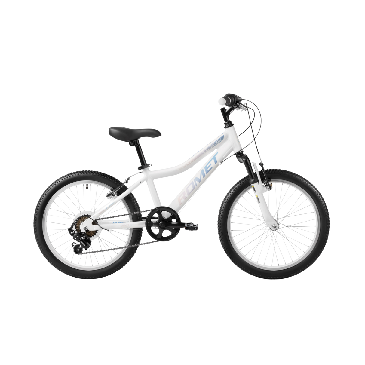 Vit, blå och rosa ROMET Jolene 20 KID 2 barncykel i sidovy